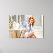 Rothaarige Schönheitsfrau sitzt in einem Café Soft Leinwanddruck (Vorderseite)