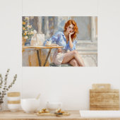 Rothaarige Schönheitsfrau sitzt in einem Café Soft Poster (Küche)