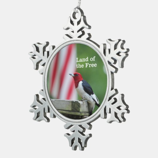 Rothaariger Specht Schneeflocken Zinn-Ornament (Rechts)