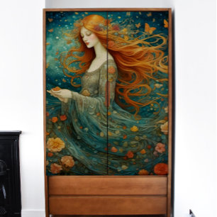 Rothaariges Mädchen mit Blumen-Decoupage Seidenpapier