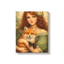 Rothaariges Mädchen mit Fuchs hält Wald-Fantasie