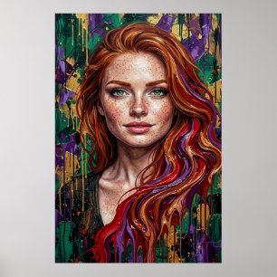 Rothaariges Mädchen Sommersprossen Impasto-Farbtro Poster