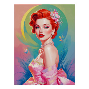 Rothaariges Pin-Up im rosa Blumenkleid Poster