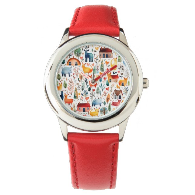 Rothäuser und Häuser niedliche Papierblätter Armbanduhr (Vorderseite)