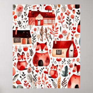 Rothäuser und Häuser niedliche Papierblätter Poster