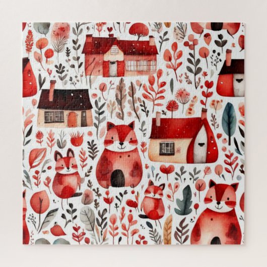 Rothäuser und Häuser niedliche Papierblätter Puzzle (Vertikal)