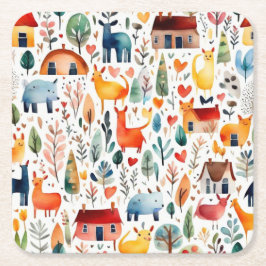 Rothäuser und Häuser niedliche Papierblätter Rechteckiger Pappuntersetzer