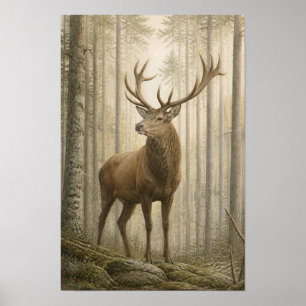 Rothirsch-Hirsch in nebliger Wald-Wildtier-Wandkun Poster