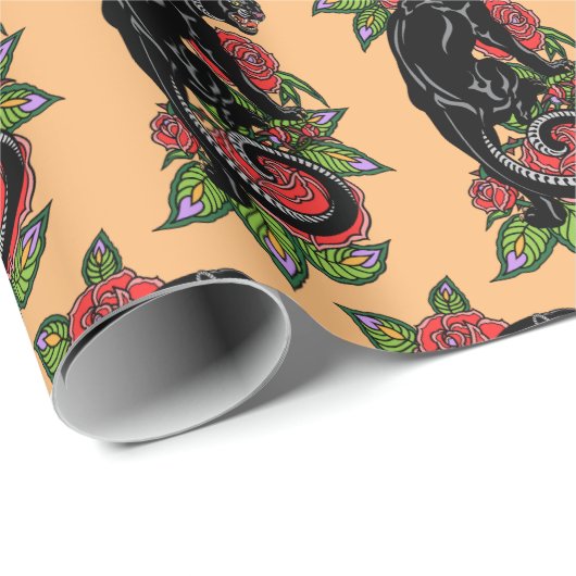 Rotierendes schwarzes Panther und blühende Rose, U Geschenkpapier (Rolleneckpunkt)