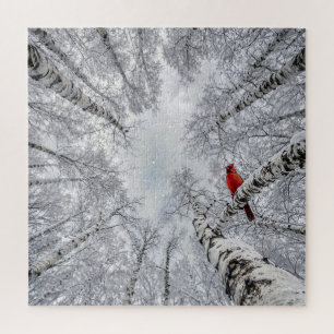 Rotkardinal in einem winterlichen weißen Birkenwal Puzzle