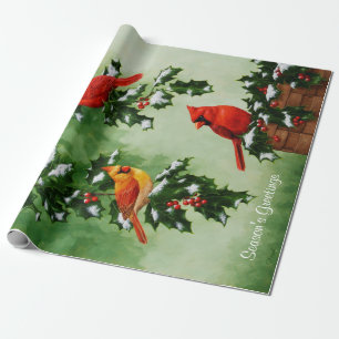 Rotkardinäle und Stechpalmenblätter Geschenkpapier