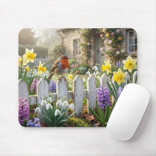 Rotkehlchen auf einem Frühlingsgartenzaun Mousepad (Mit Mouse)