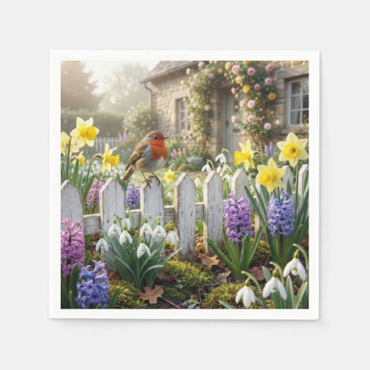 Rotkehlchen auf einem Frühlingsgartenzaun Serviette (Vorderseite)