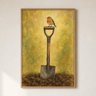 Rotkehlchen auf einem Gartenspaten Wasserfarbenpos Poster