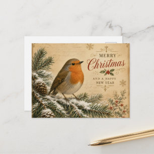 Rotkehlchen auf einem Weihnachtspostkartenbaum Feiertagspostkarte