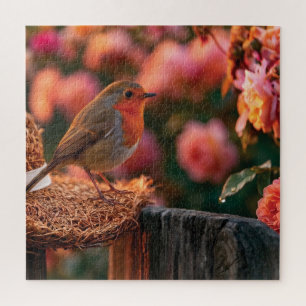 Rotkehlchen auf Strohhut im Rosengarten Puzzle