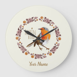 Rotkehlchen Botanische Vintage-Blumen für Vogel Li Große Wanduhr