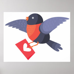 Rotkehlchen fliegt mit rotem Herz-Liebesbrief Poster