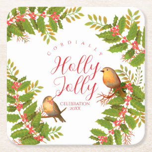 Rotkehlchen-Holly-Beere-Weiß Rechteckiger Pappuntersetzer