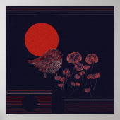 Rotkehlchen-Illustration mit roter Sonne Poster (Vorne)