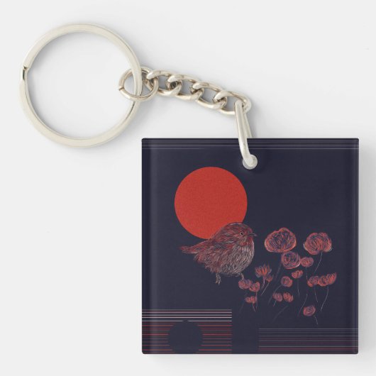 Rotkehlchen-Illustration mit roter Sonne Schlüsselanhänger (Vorderseite)