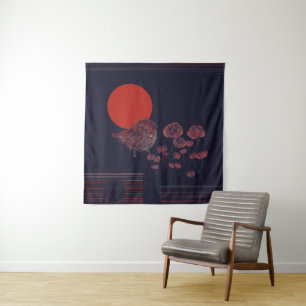 Rotkehlchen-Illustration mit roter Sonne Wandteppich