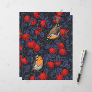 Rotkehlchen im Apfelbaum/ blau und rot