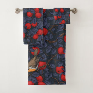 Rotkehlchen im Apfelbaum/ blau und rot Badhandtuch Set