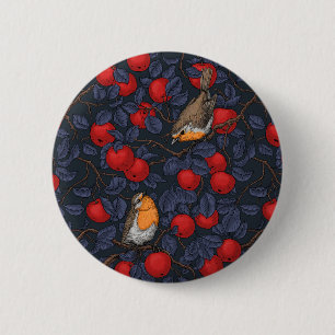 Rotkehlchen im Apfelbaum/ blau und rot Button