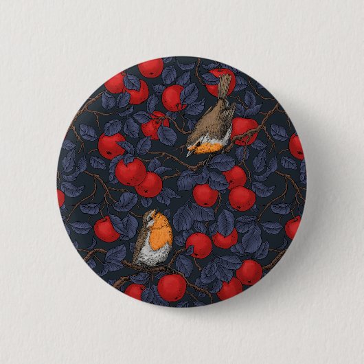 Rotkehlchen im Apfelbaum/ blau und rot  Button (Vorderseite)