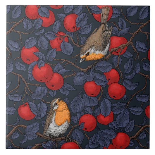 Rotkehlchen im Apfelbaum/ blau und rot Fliese (Vorderseite)