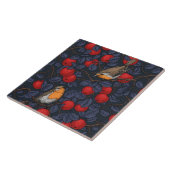 Rotkehlchen im Apfelbaum/ blau und rot Fliese (Seite)