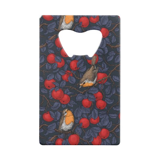 Rotkehlchen im Apfelbaum/Blau und Rot Geldbeutel Flaschenöffner (Vorderseite)