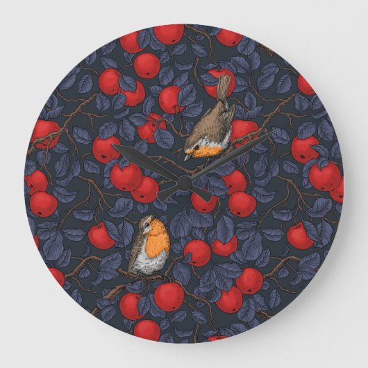 Rotkehlchen im Apfelbaum/Blau und Rot Große Wanduhr (Vorderseite)