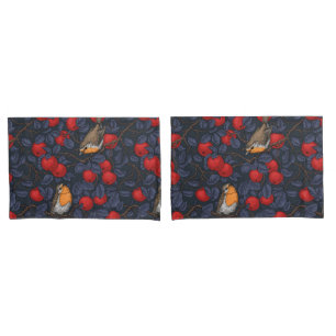 Rotkehlchen im Apfelbaum/ blau und rot Kissenbezug