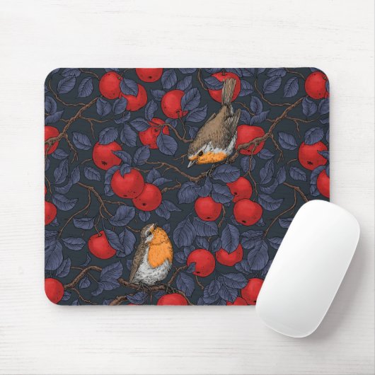 Rotkehlchen im Apfelbaum/ blau und rot  Mousepad (Mit Mouse)
