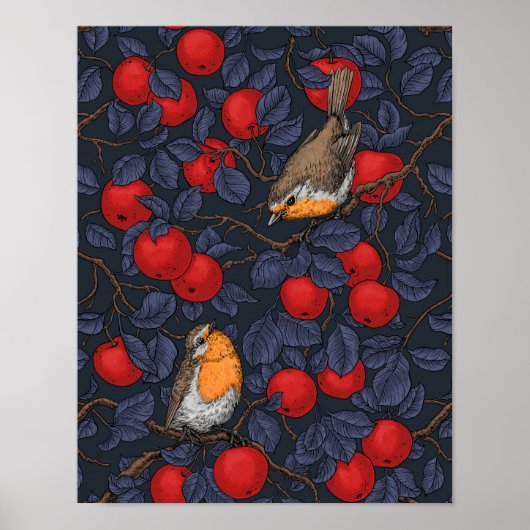 Rotkehlchen im Apfelbaum/Blau und Rot Poster (Vorne)