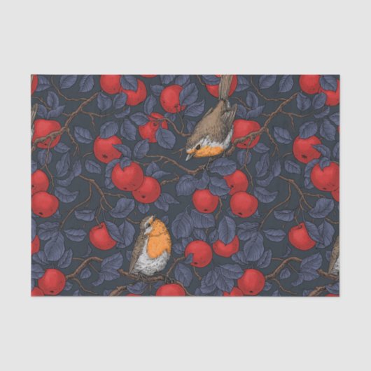 Rotkehlchen im Apfelbaum/ blau und rot Seidenpapier (Vorderseite)