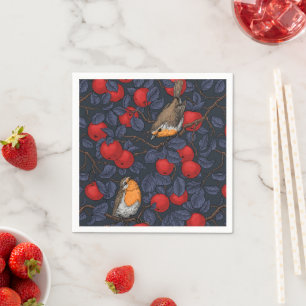 Rotkehlchen im Apfelbaum/ blau und rot Serviette
