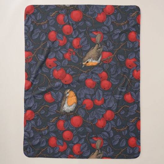 Rotkehlchen im Apfelbaum/ blau und rot  Sherpadecke (Vorderseite)