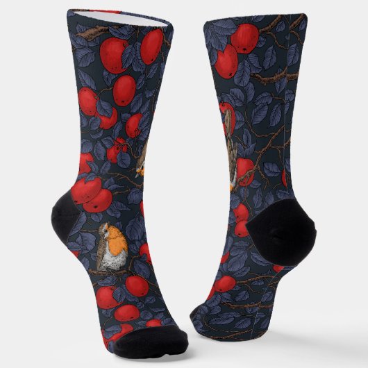 Rotkehlchen im Apfelbaum/Blau und Rot  Socken (Gewinkelt)