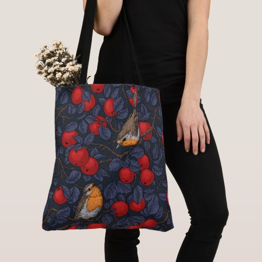 Rotkehlchen im Apfelbaum/ blau und rot Tasche (Von Nahem)