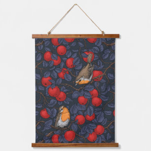 Rotkehlchen im Apfelbaum/ blau und rot  Wandteppich Mit Holzrahmen