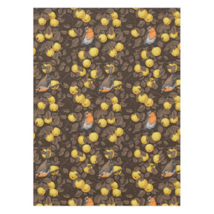 Rotkehlchen im Apfelbaum/gelb und dunkelbraun Tischdecke