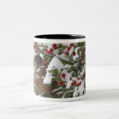 Rotkehlchen in einem heiligen Baum nach einem Schn Zweifarbige Tasse (Mittel)