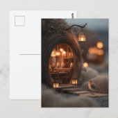 Rotkehlchen und leuchtendes Feenhaus in einem magi Postkarte (Vorne/Hinten)
