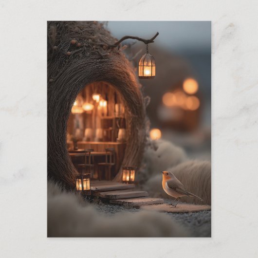 Rotkehlchen und leuchtendes Feenhaus in einem magi Postkarte (Vorderseite)