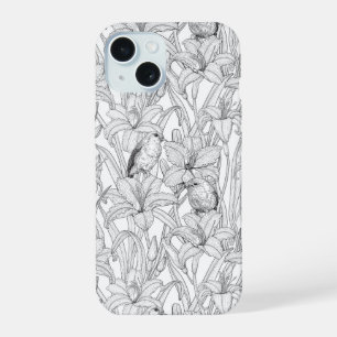 Rotkehlchen und Lilienblumen, schwarz und weiß iPhone 15 Hülle