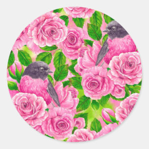 Rotkehlchen und Rosen Runder Aufkleber