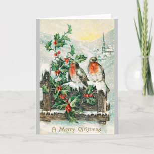 Rotkehlchen und Stechpalmenbeeren - Vintage Weihna Feiertagskarte